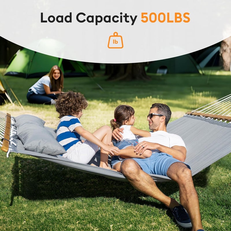 Everyfun Double Hammock with Spreader Bar,Soft Pillow,Max Load 500lbs,Portable Hammock for Outdoor,Camping,and Backyard,Dark Gray - Image 2